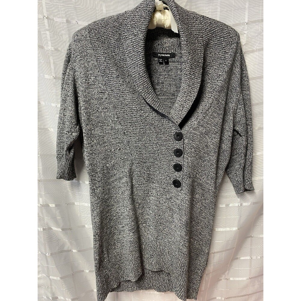 My Michelle Womens Gray Black Heathered Knit Cowl Neck Button Pullover Sweater L